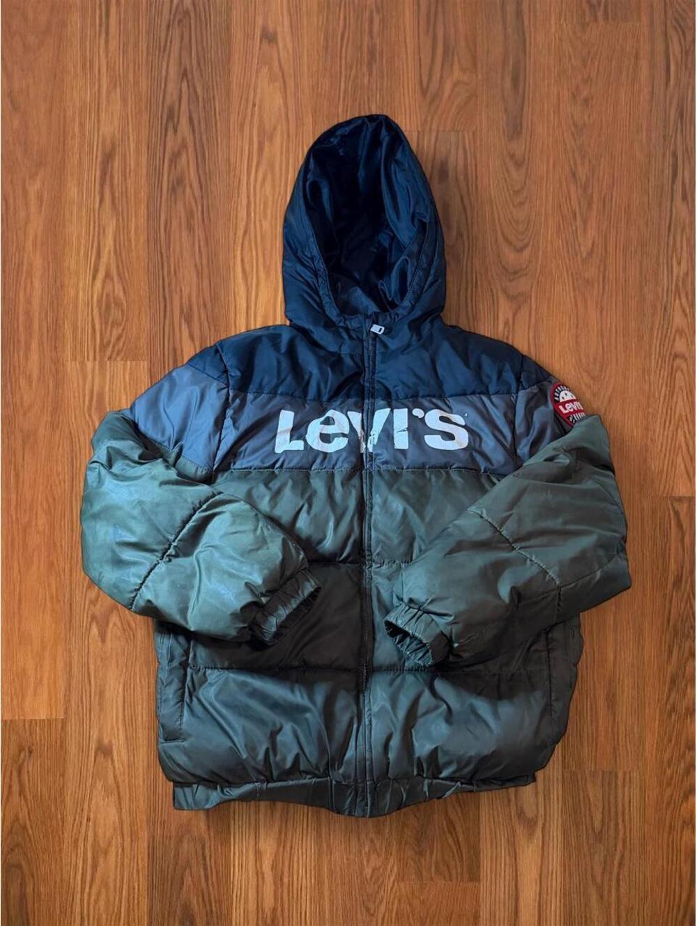 Levis Y2K Youth Large Puffer Jacket Black Green Hooded Winter Coat Unisex Kids